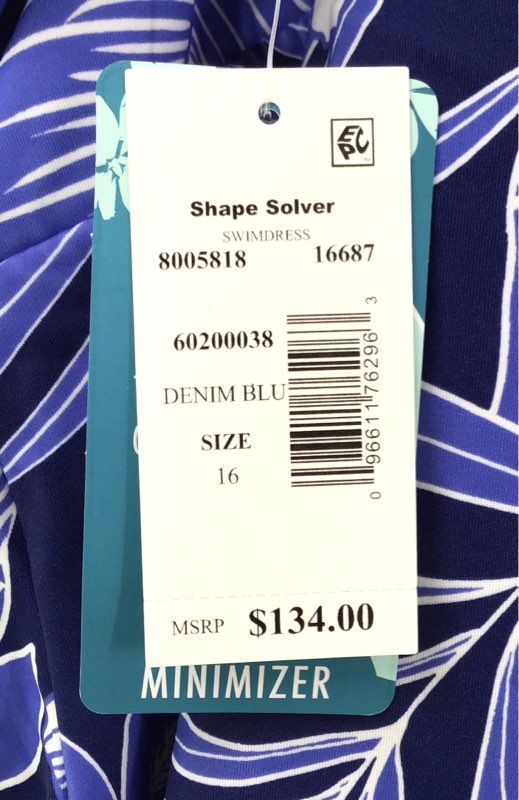 NWT Shape Solver Women's Denim Blue Floral One-Piece Swimdress - Size 17