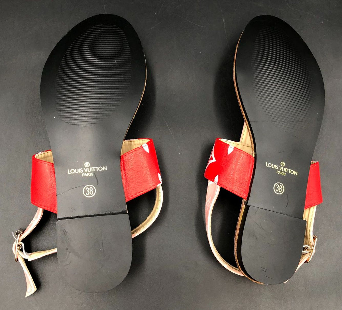 Louis Vuitton Inspired Women's Brown/Red/Pink Monogram Print Sandals - Size 38