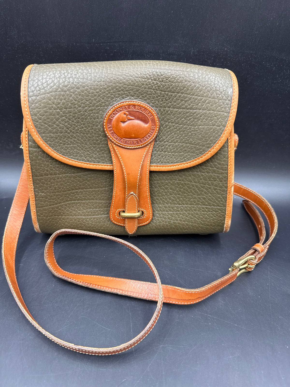 Vintage 90s Dooney & Bourke Olive Green All Weather Leather Crossbody Bag COA