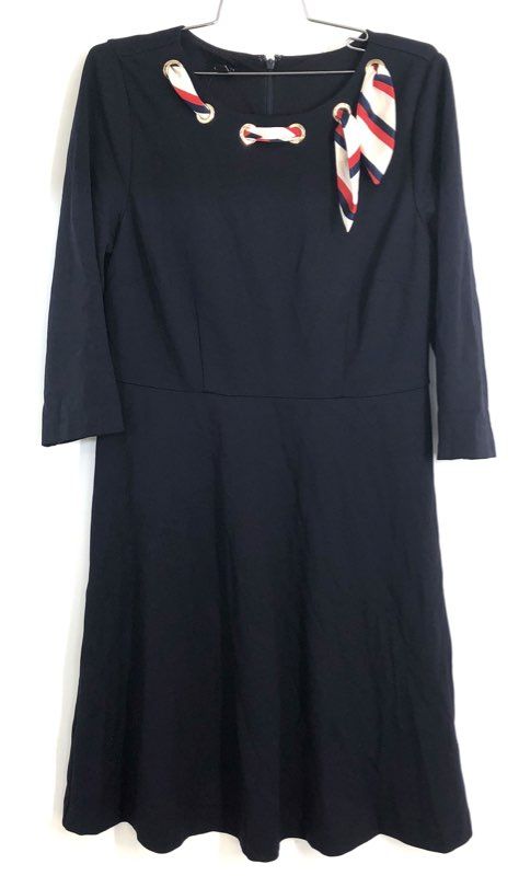Talbots Women's Navy Blue Nautical Scarf Neck Fit Flare Dress NWT 10P