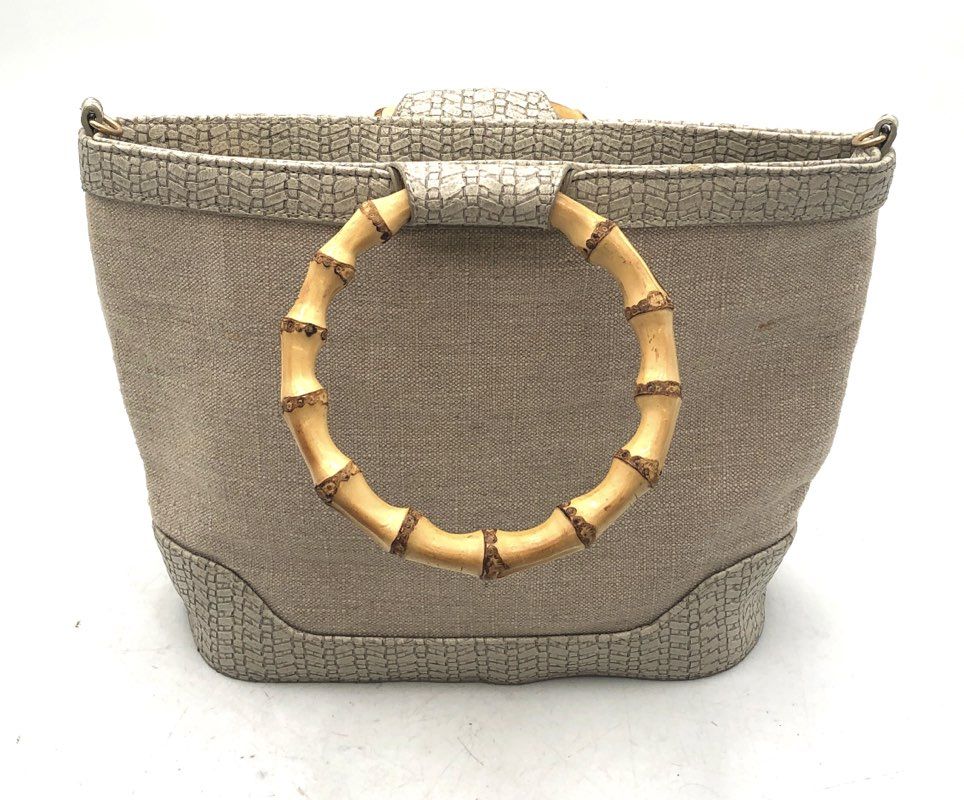 Bueno Beige Floral Embroidered Butterfly Bamboo Handle Handbag