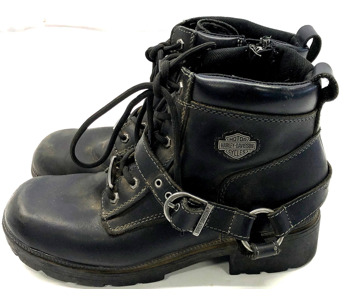 Harley-Davidson Black Leather Lace Up Side Zip Harness Motorcycle Boots Size 8.5
