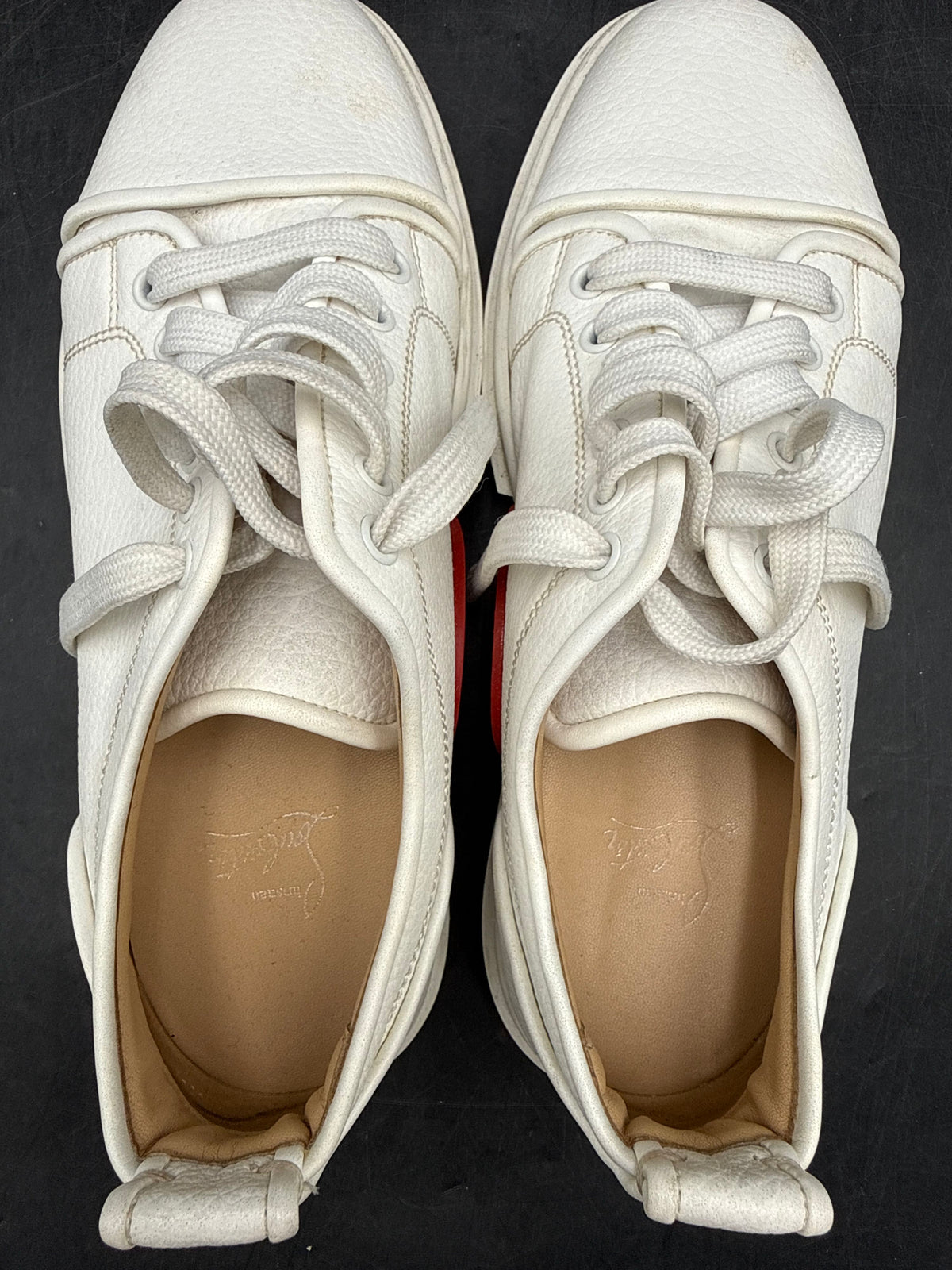 Red Sole Louboutin Style White Pebbled Leather Low Top Sneakers Men's Size 41