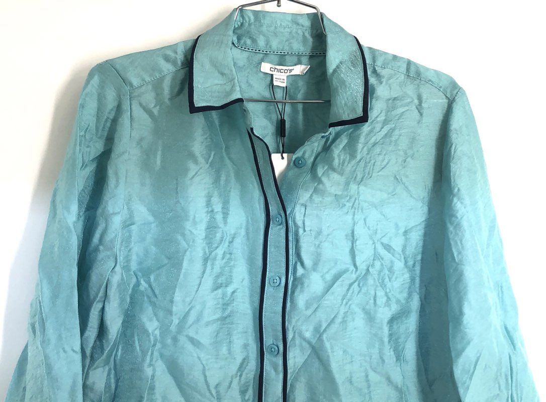 Chico's Women's Piping Shirt Aquatic Teal Button Front Long Sleeve Sz 1 NWT