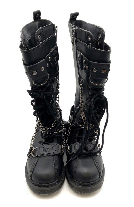 Demonia Bolt-415 Black Knee High Chain Buckle Lace Up Combat Boots Men's Size 8