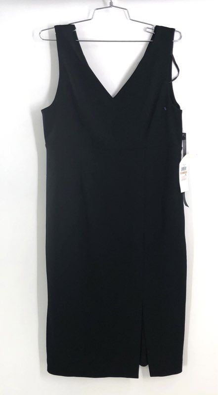 DKNY Women's Black V-Neck Gold Hardware Back Midi Sheath Dress Sz 12 NWT