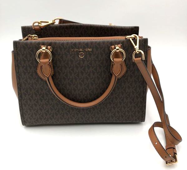 Michael Kors Brown Monogram Marilyn Satchel Crossbody Bag Gold Hardware COA