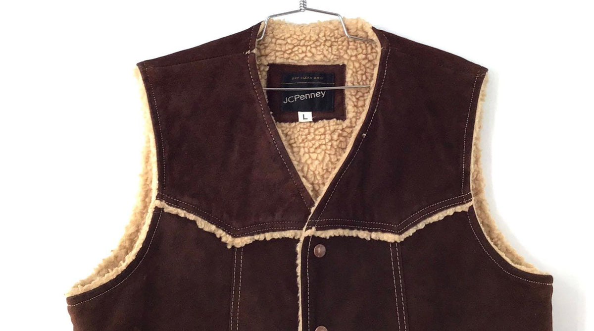 Vintage 70s JCPenney Men's Brown Suede Leather Sherpa Lined Western Vest Sz L