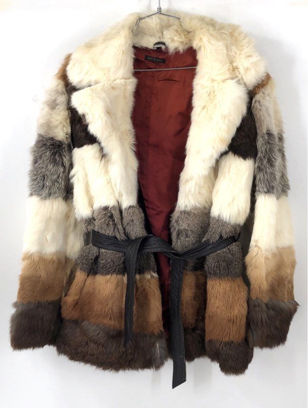 Vintage 70s Patchwork Rabbit Fur Belted Jacket Coat Made in Korea Sz L