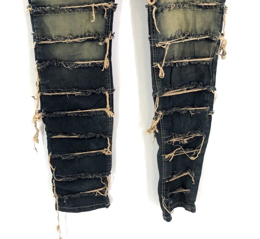 Taker Men's Skinny Fit Jeans Distressed Frayed Tiered Fringing Dark Wash 36x32