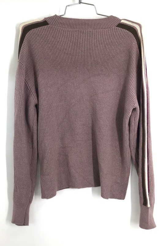 Evereve Women's Mauve Ribbed Pullover Crew Sweater Stripe Shoulder Sz XS