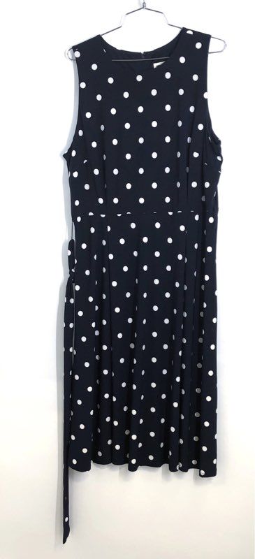 Anne Klein Women's Navy White Polka Dot Sleeveless Belted Dress NWT Sz 14