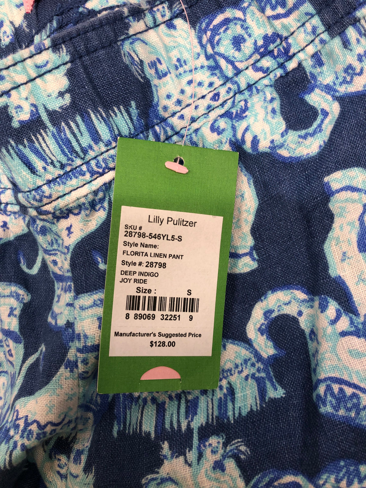 Lilly Pulitzer Women's Florita Linen Pant Deep Indigo Joy Ride Elephant Sz S NWT