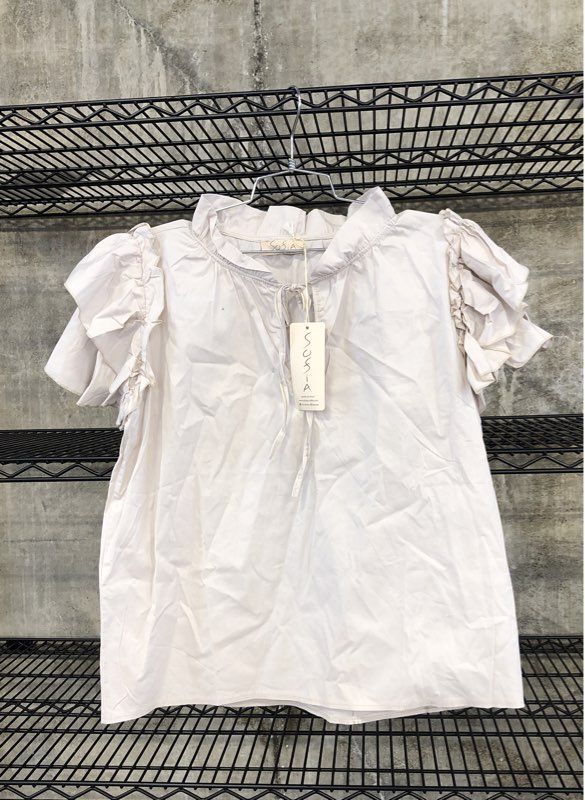 Sofia Women's Tan Ruffle Tiered Sleeve Split Neck Blouse Size M NWT