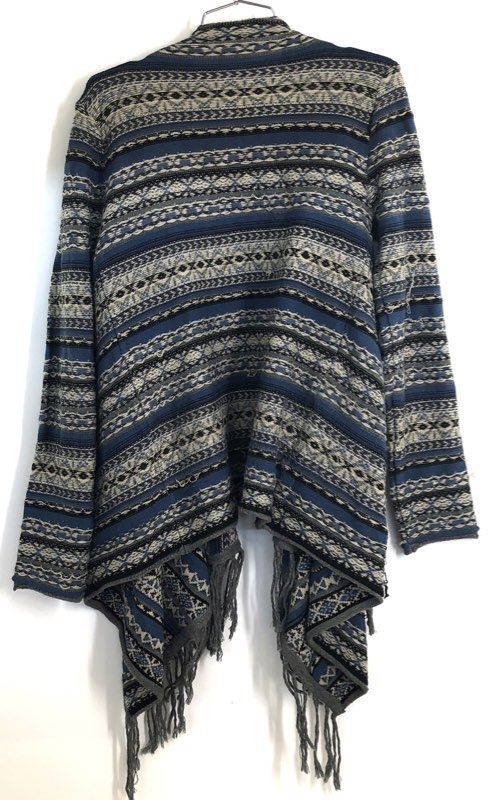 Elan Women's Blue Southwestern Tribal Open Front Fringe Cardigan Sweater Sz M