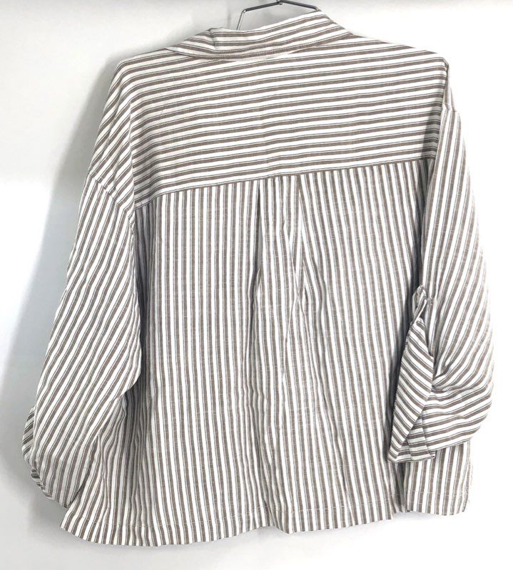 Max Studio London Women's Beige White Striped Roll Tab Popover Blouse NWT Sz L