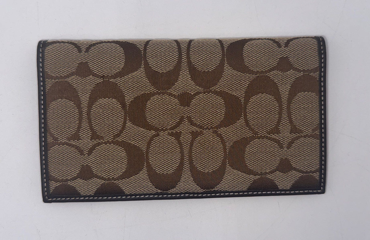 Coach Brown Khaki Signature Monogram Canvas Long Checkbook Cover Wallet