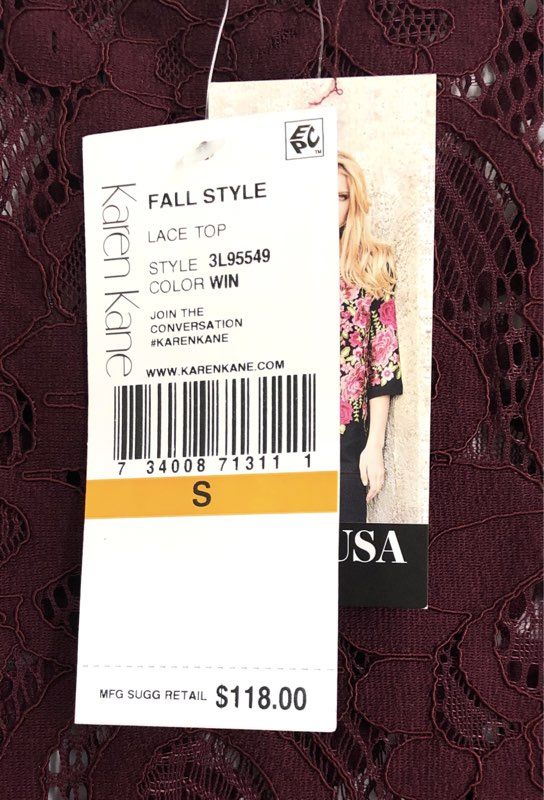 Karen Kane Women's Wine Floral Lace Bell Sleeve Blouse NWT Sz S