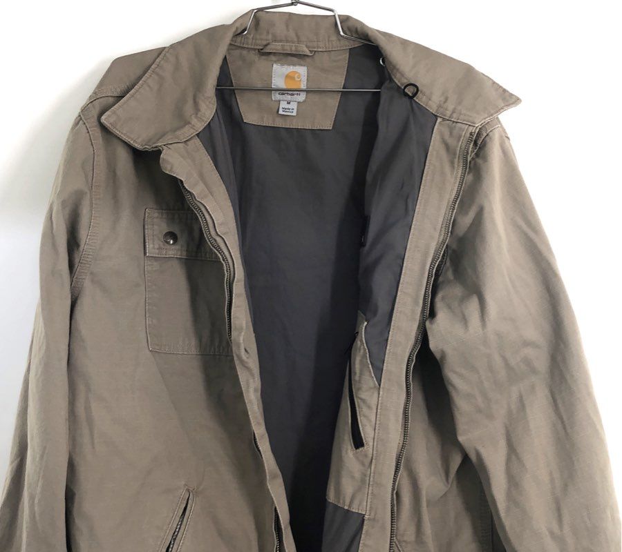 Carhartt Men's Tan Canvas Full Zip Work Jacket Utility Multi-Pocket Sz M