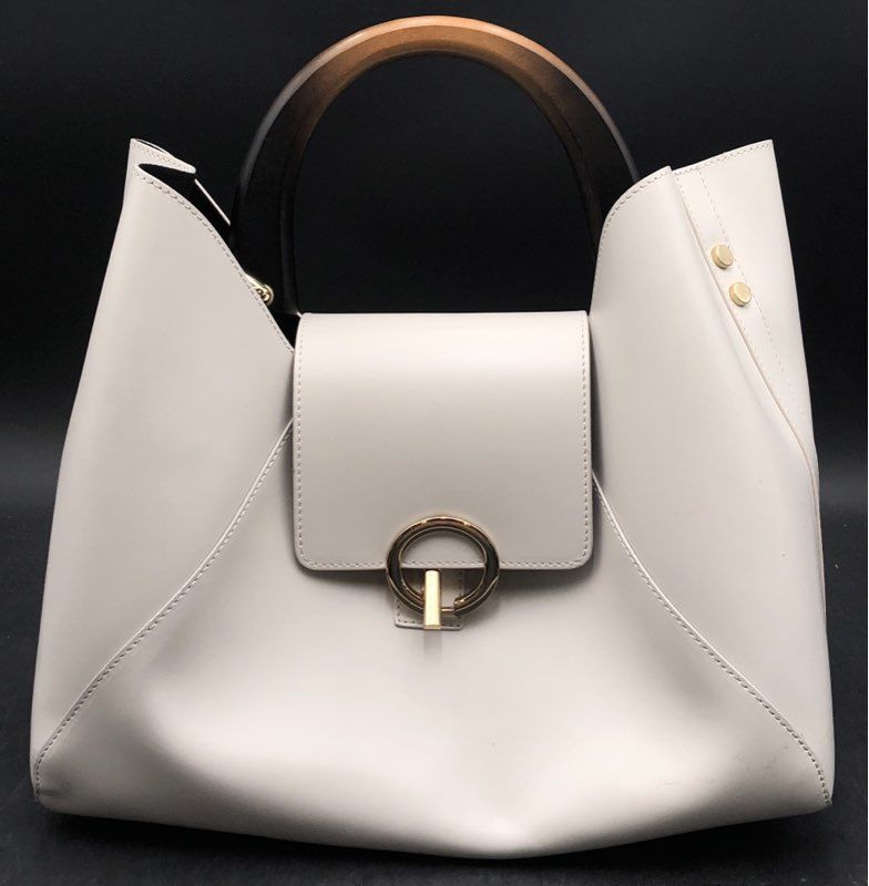 Claudia Firenze Off-White Italian Leather Top Handle Bag Wood Handle Crossbody