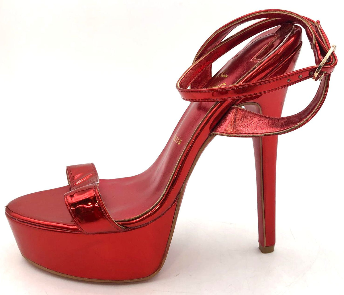 Christian Louboutin Inspired Women's Metallic Ruby Red Strappy Heels - Size 35
