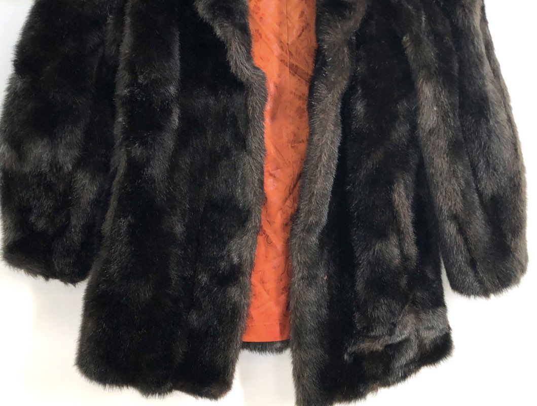 Vintage 90s Women's Dark Brown Faux Fur Coat Made in USA Floral Lining