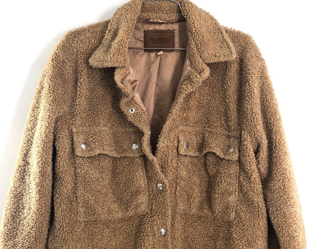 [BLANKNYC] Women's Tan Teddy Sherpa Shacket Jacket Woah Nelly Snap Front Sz XS