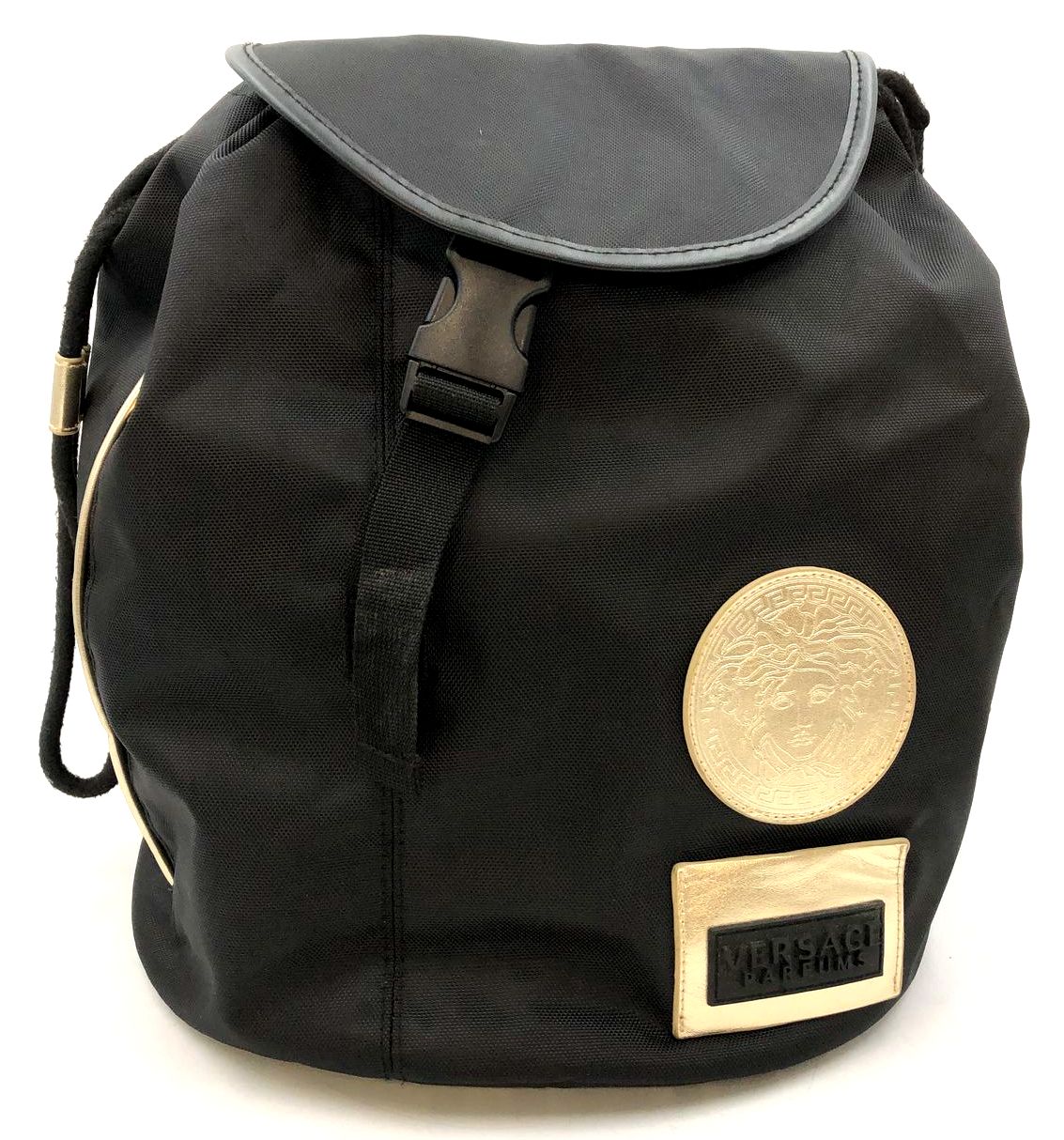 Versace Parfums Black Polyester Backpack with Metallic Gold Trim & Hardware