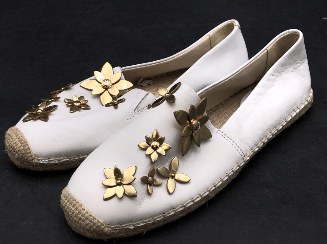 Michael Kors White Leather Gold Floral Applique Espadrille Flats Size 7