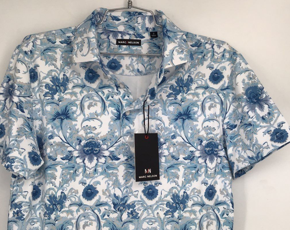 NWT Marc Nelson Men&#39;s Blue Damask Floral Golf Polo Button-Up Shirt - Size S