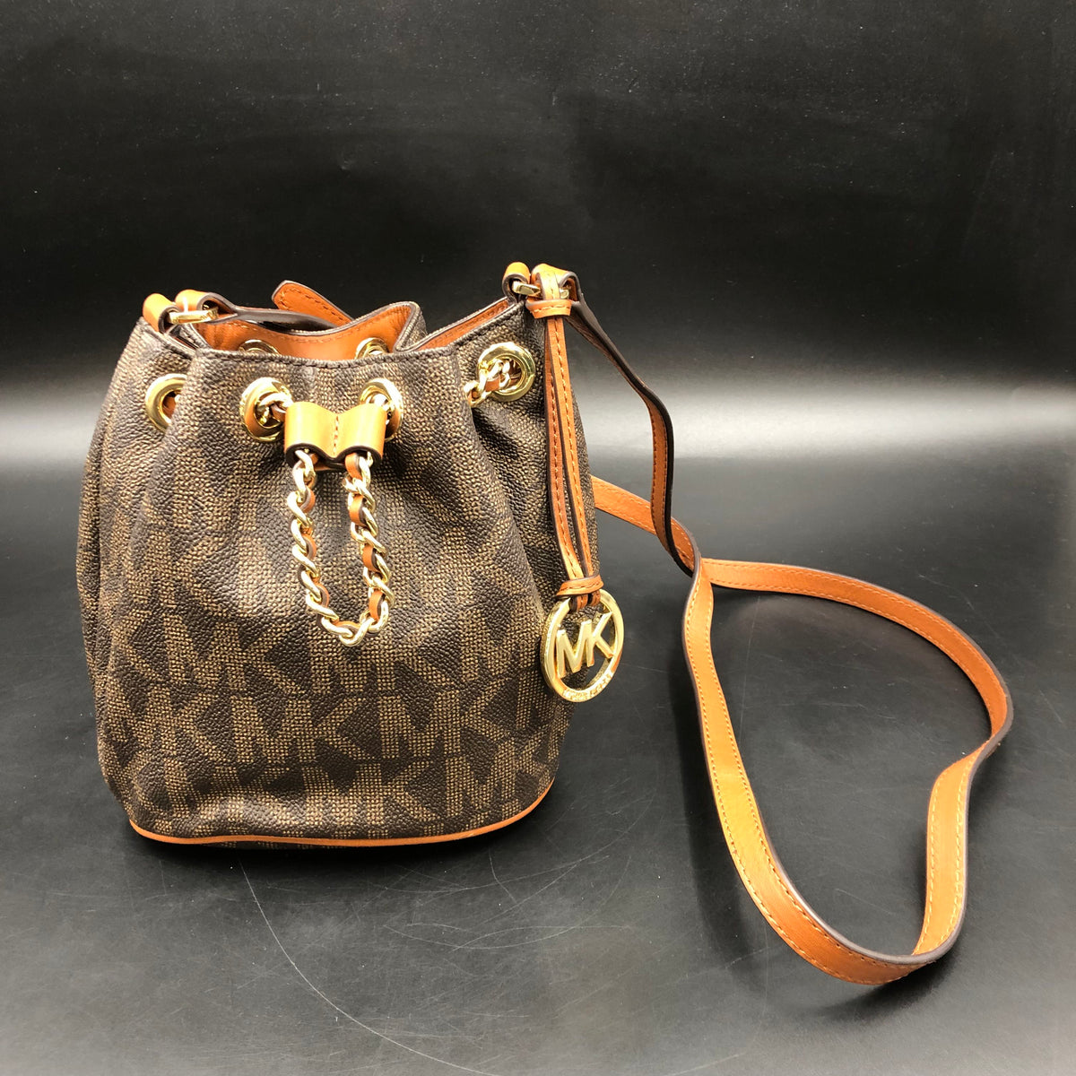 Michael Kors Brown Signature Print 'Frankie' Bucket Bag (+COA)