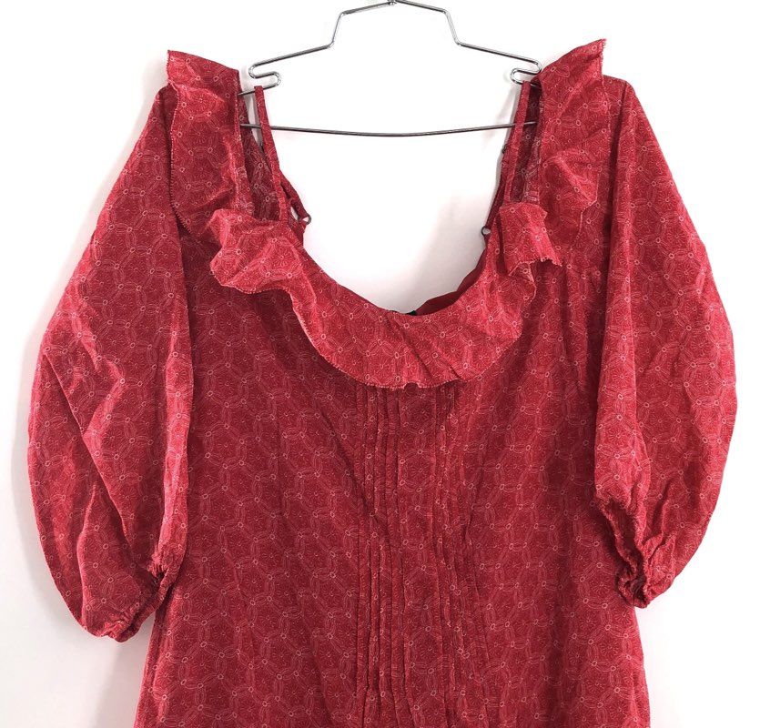 Sanctuary Women's Red Floral Ruffle Cold Shoulder Pleated Tunic Blouse Sz XS