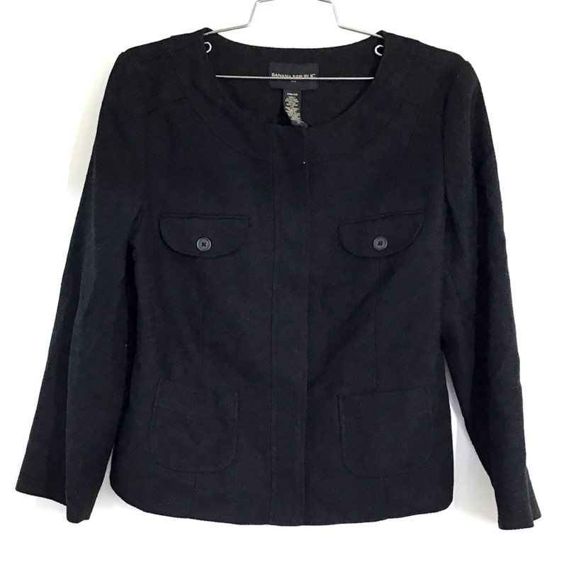 Banana Republic Women's Black Textured Cotton Linen Collarless Jacket Sz 10