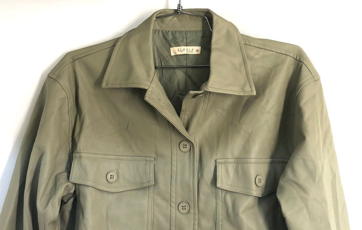 ILLA ILLA Women's Sage Green Faux Leather Cropped Trucker Jacket Sz S