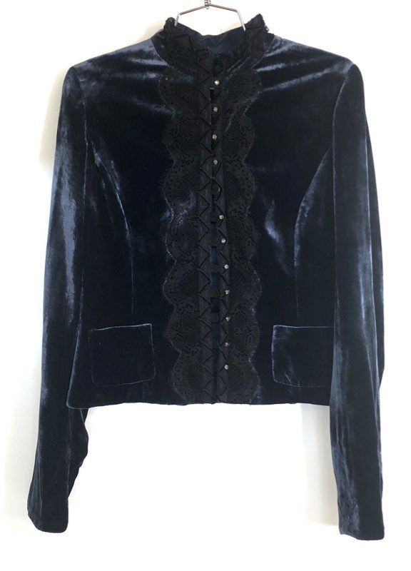 Vintage Y2K Saks Fifth Avenue Women's Navy Velvet Lace Rhinestone Blazer Jacket