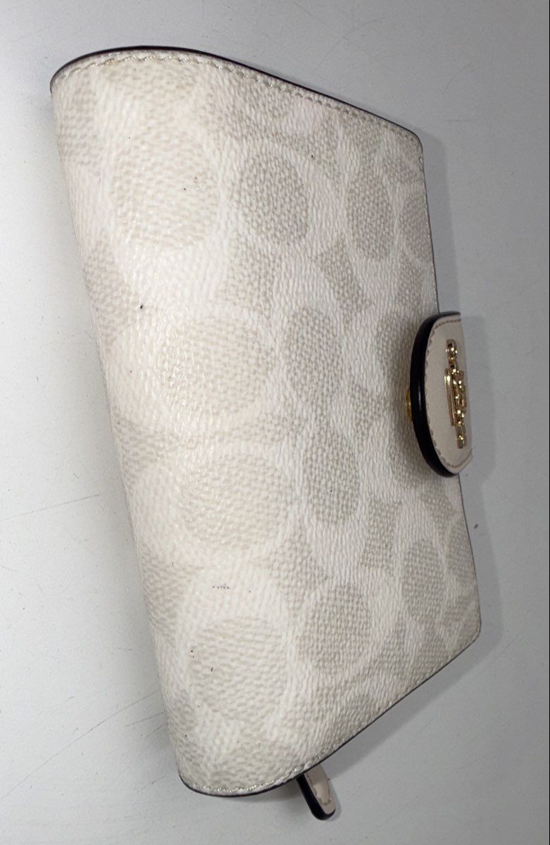 Coach White Signature Canvas Medium Corner Zip Wallet Gold Hardware