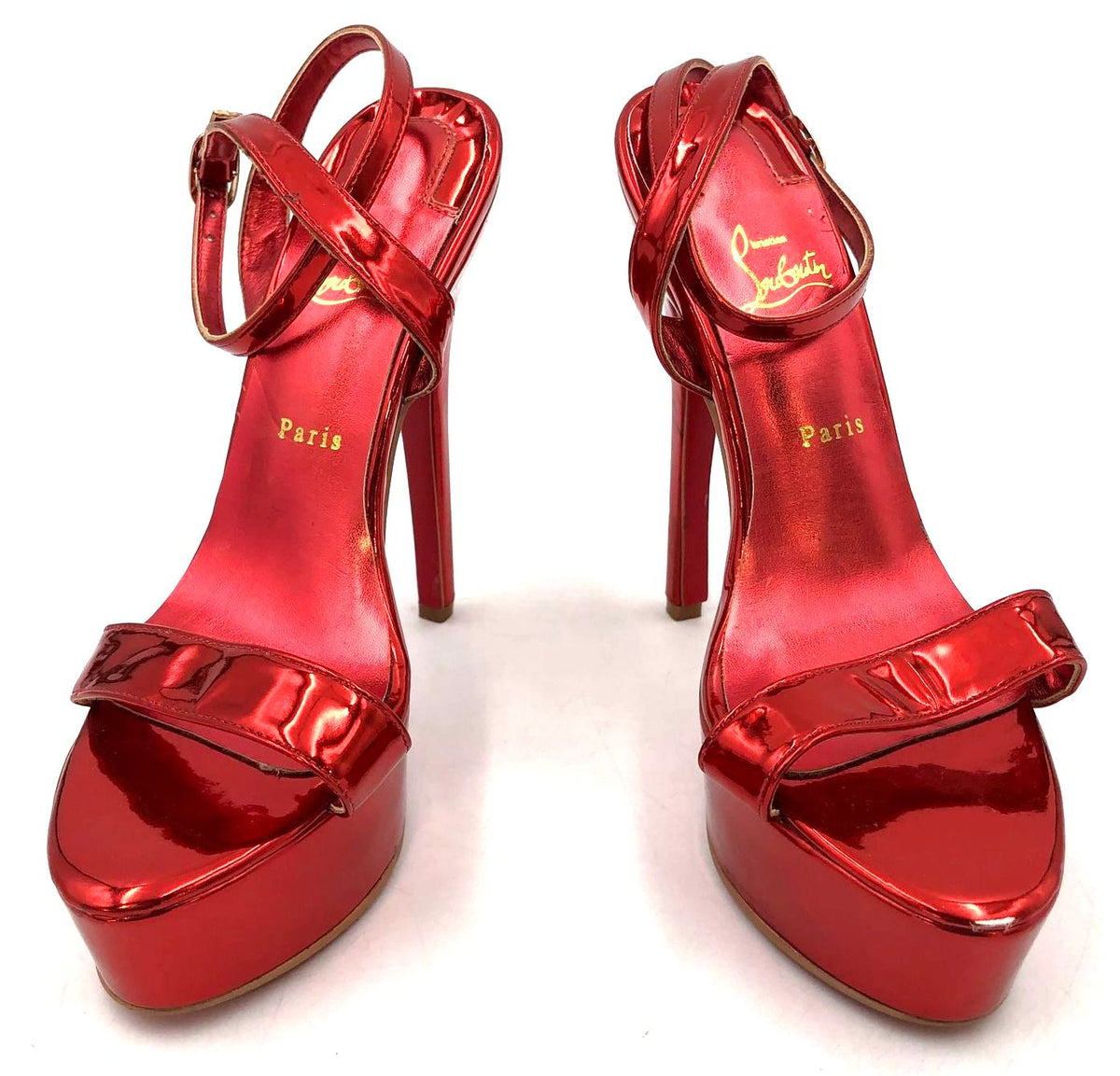 Christian Louboutin Inspired Women's Metallic Ruby Red Strappy Heels - Size 35