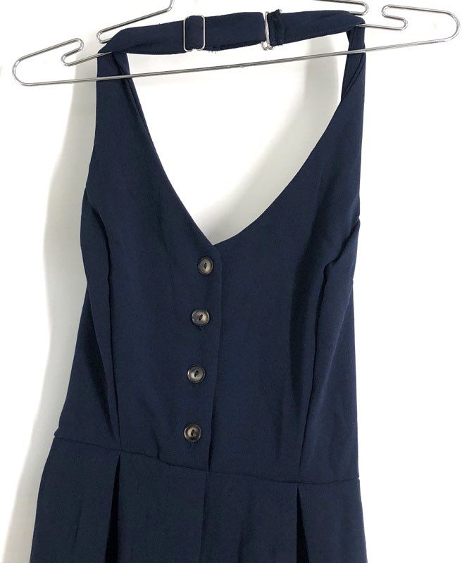 Monteau Los Angeles Women's Navy Blue Halter Button Front Jumpsuit Sz XS