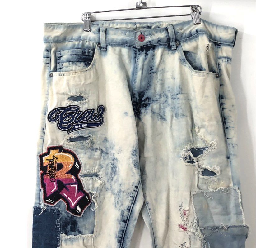 Smoke Rise Men's Jeans Acid Wash Blue Patchwork Distressed Graphic Sz 36x34