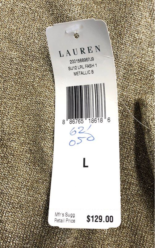 NWT Lauren Ralph Lauren Women's Gold Metallic One Shoulder Top Silk Blend Sz L