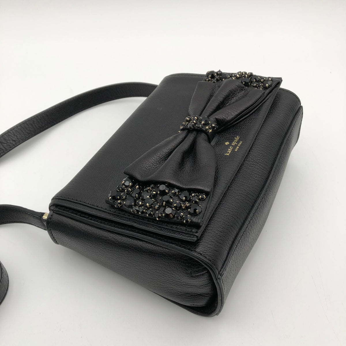 Kate Spade Black Leather Millie Bow Crossbody Bag Gold Hardware COA
