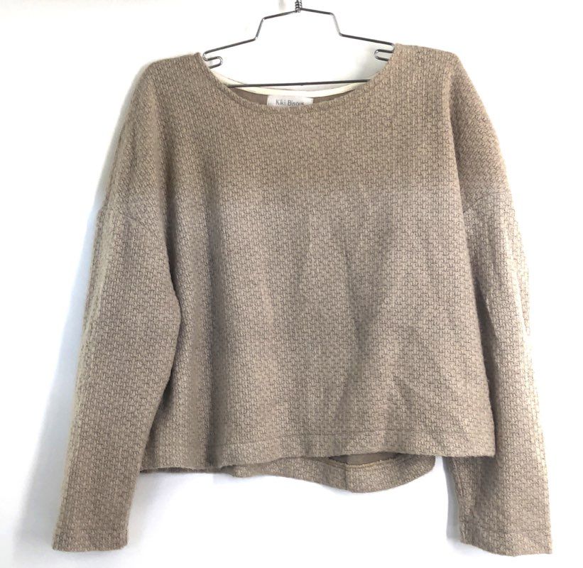 Kiki Bisous Women's Tan Textured Knit Pullover Sweater Boxy Fit Long Sleeve