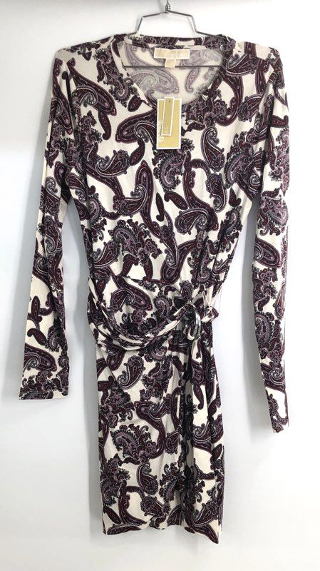 Michael Kors Women's Bone Purple Paisley Long Sleeve Ring Wrap Dress NWT Sz M