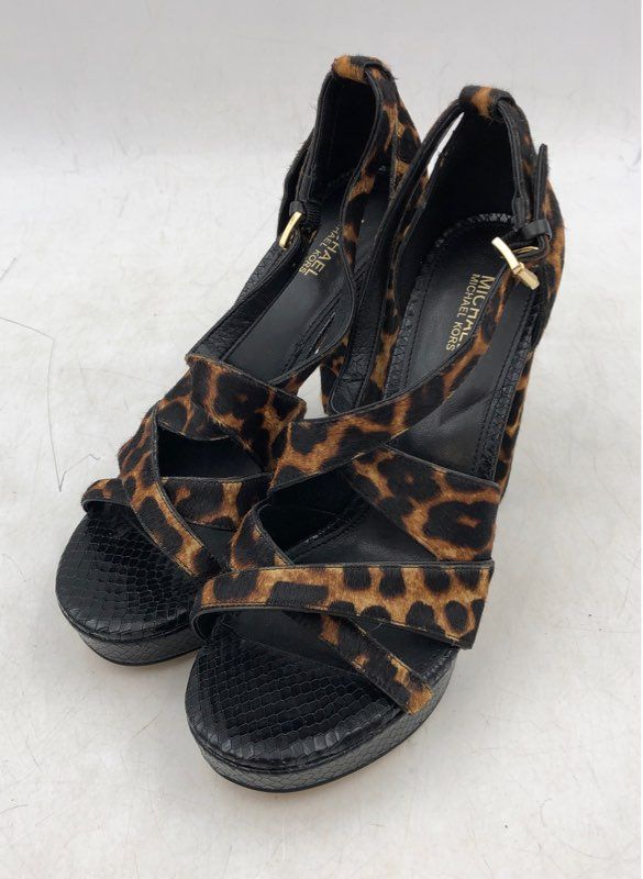 Michael Kors Women&#39;s Brown Leopard Print Fur Block Platform Heels - Size 7.5 M