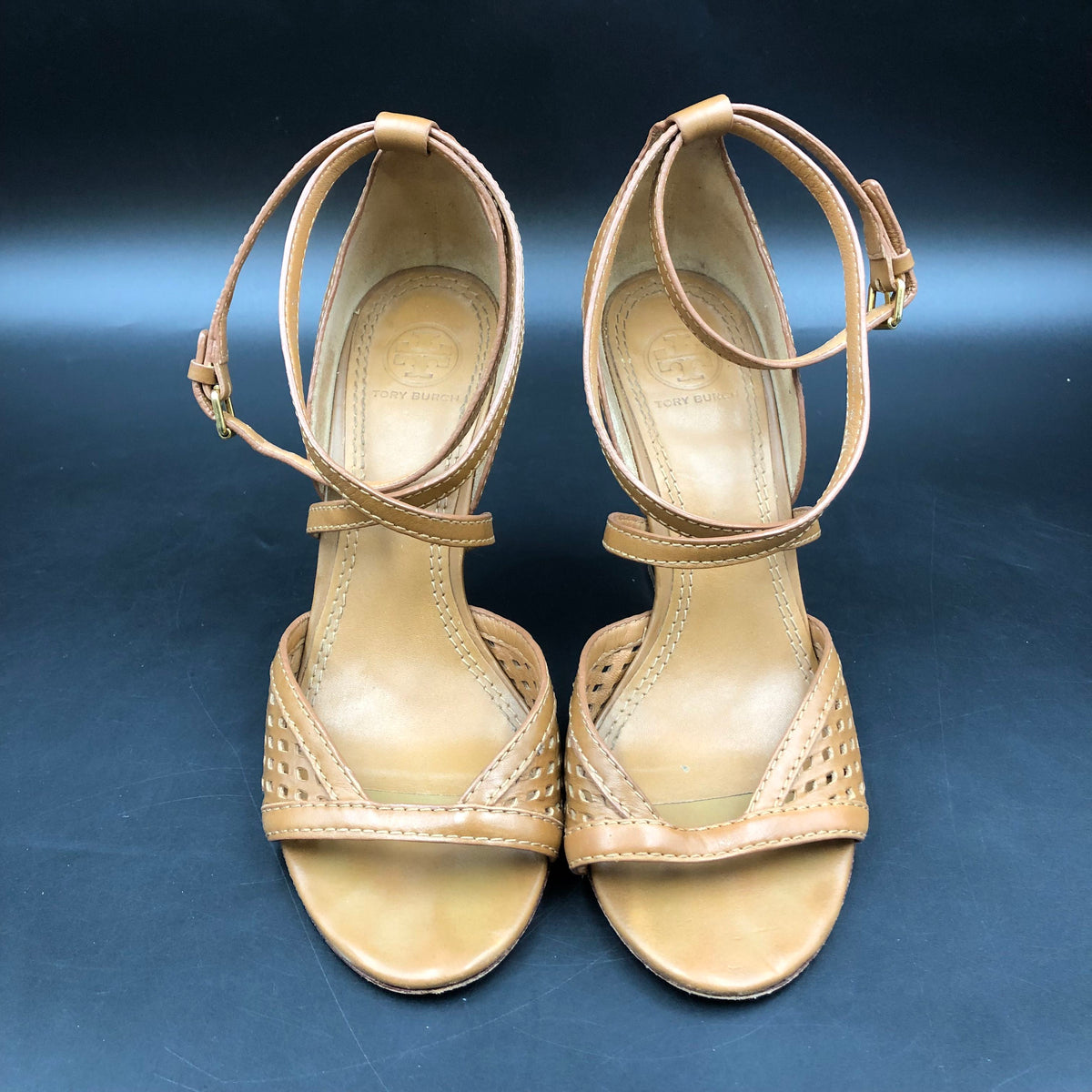 Tory Burch Gigi Light Brown Leather Peep Toe Wedge Sandals Size 7 COA