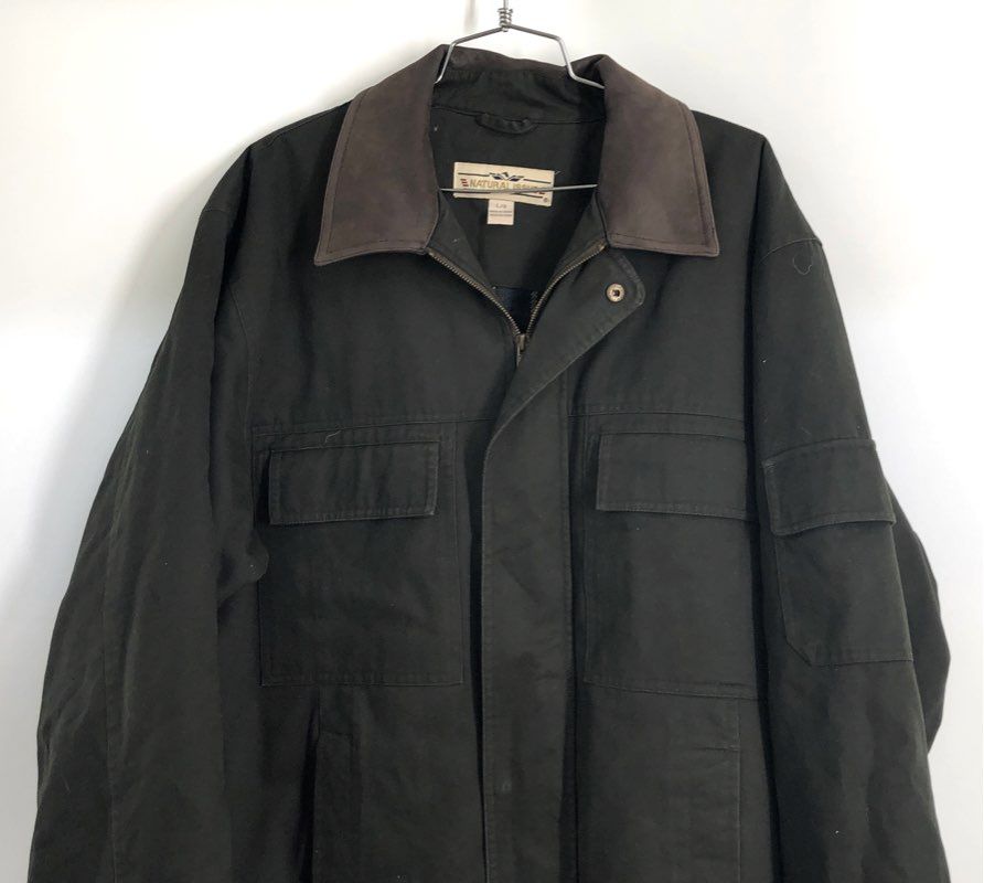 Natural Issue Men's Dark Green Cotton Canvas Field Jacket Leather Collar Sz L