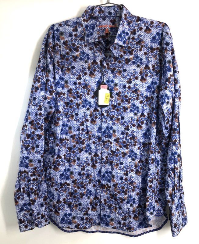 Luchiano Visconti Men's Shirt Blue Brown Floral Paisley Stretch Cotton Sz L NWT