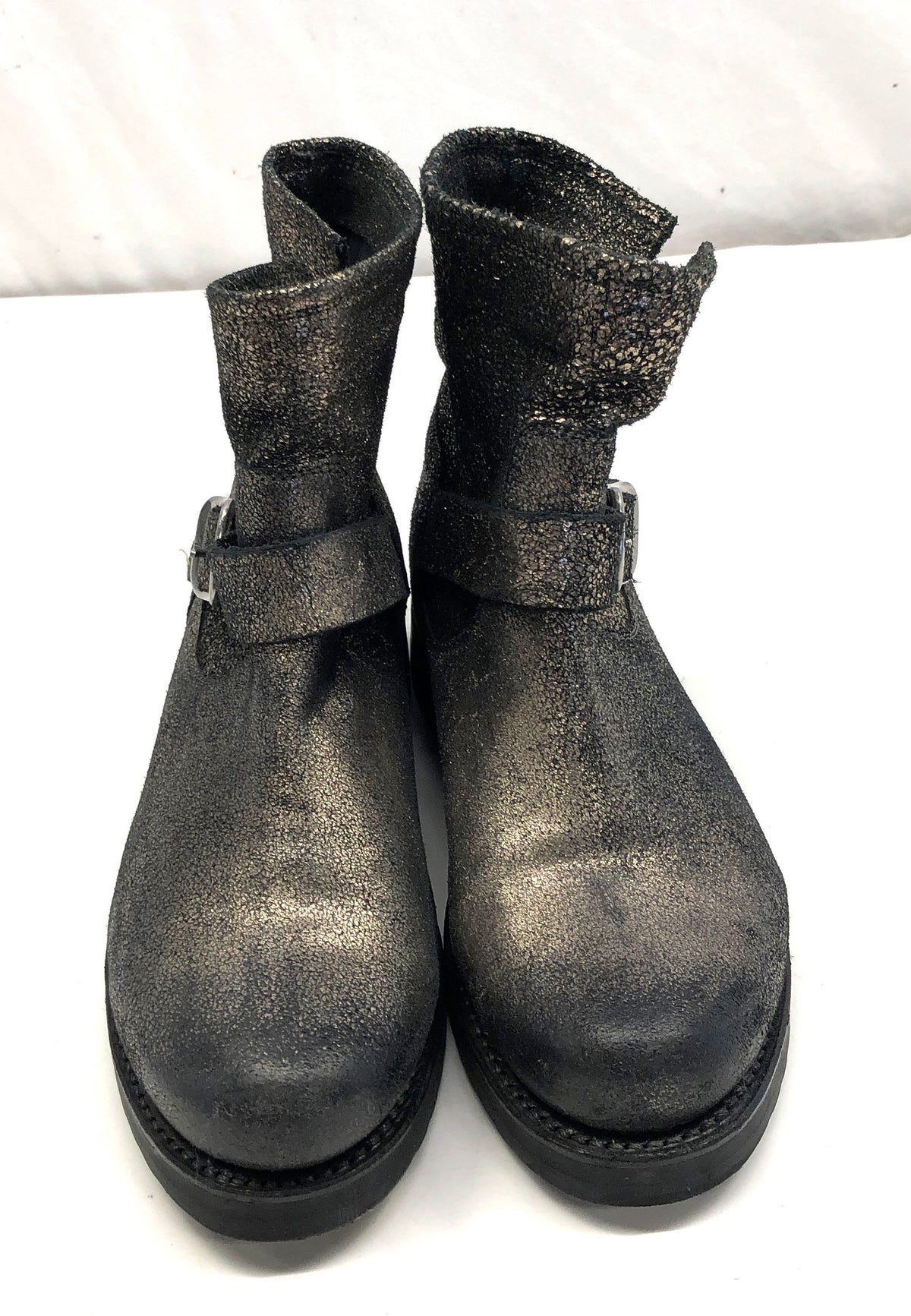 Frye Metallic Gold Distressed Leather Moto Ankle Boots Women's Size 8.5