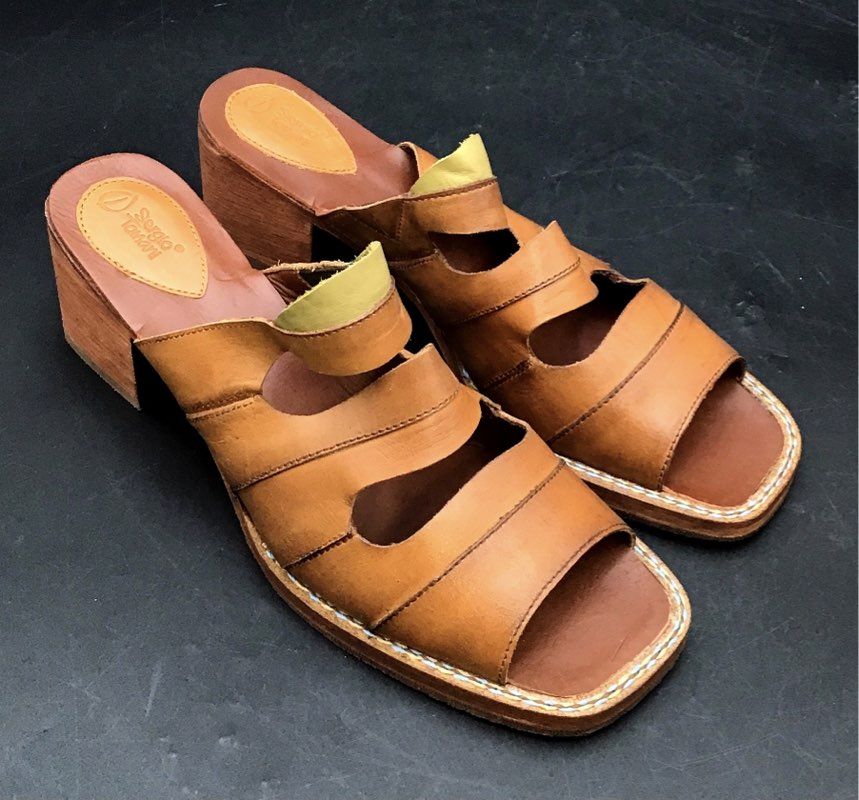 Sergio Tomani Brown Leather Cutout Block Heel Mules Sandals Womens Size EU 40