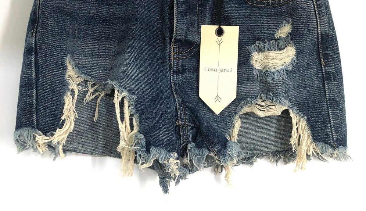 (ban-jara) Women's Blue Distressed Denim Shorts High Rise Frayed Hems Sz 1/24